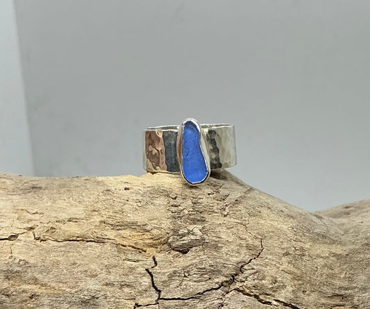 Stunning Cornflower blue sea glass sterling silver ring UK size M