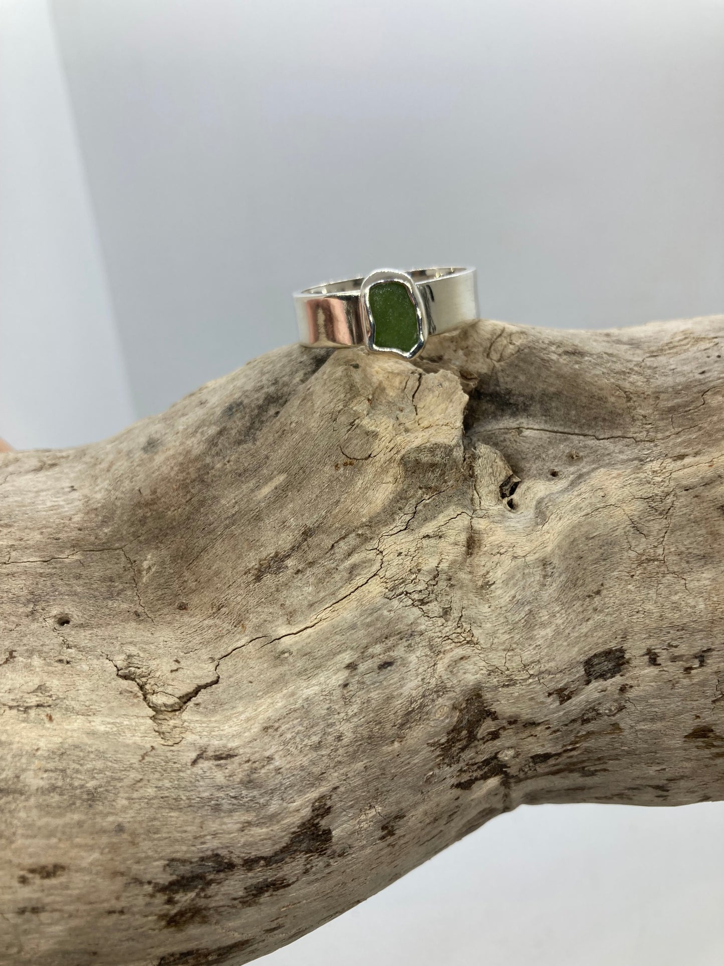 Olive green sea glass ring UK size T