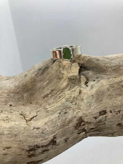 Olive green sea glass ring UK size T
