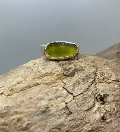 Light olive green sea glass ring UK size O1/2