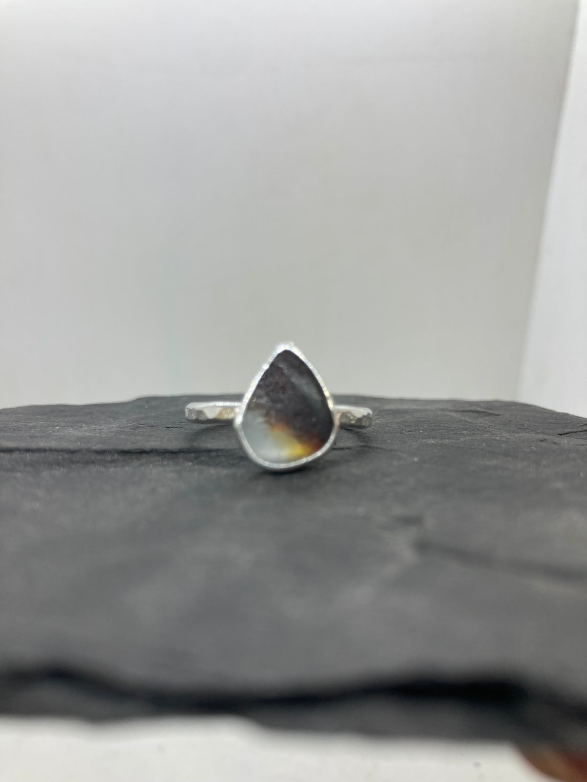Brown and white multi Sea glass ring UK size S