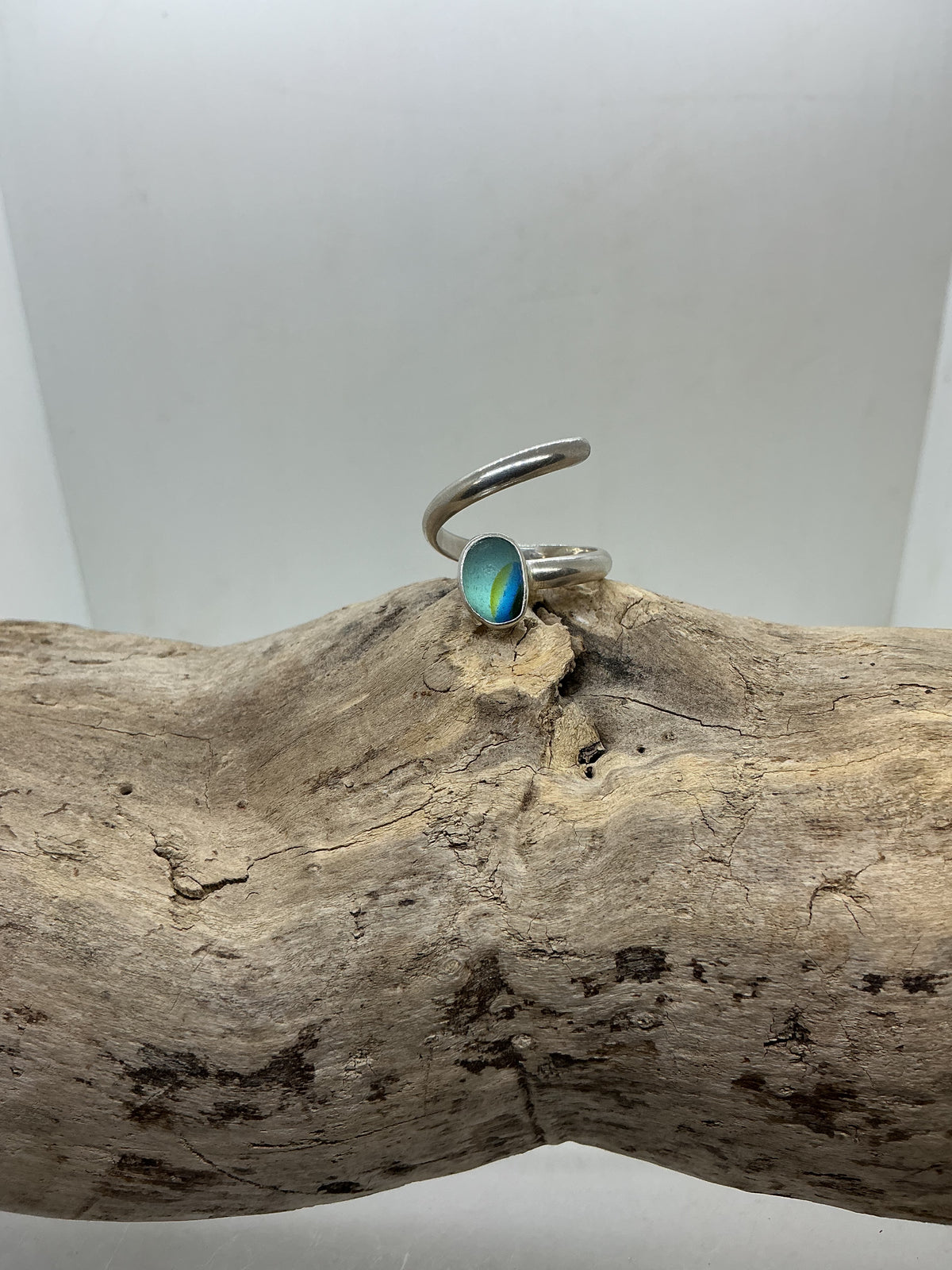 Special Blue multi sea glass twist ring UK size O