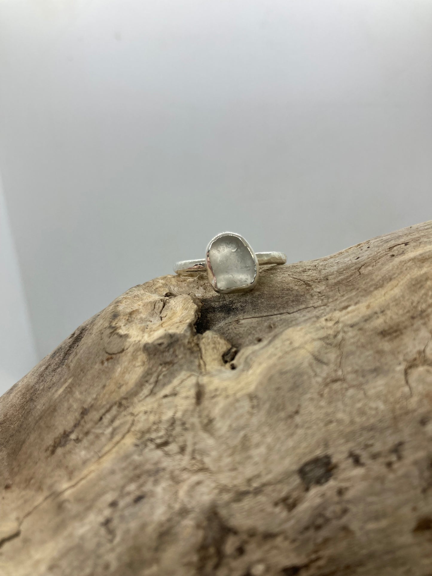 White Sea glass hammered ring UK size Q