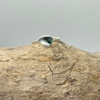 Rare green and white multi sea glass ring UK size Q