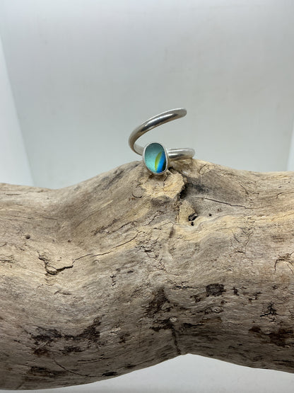 Special Blue multi sea glass twist ring UK size O