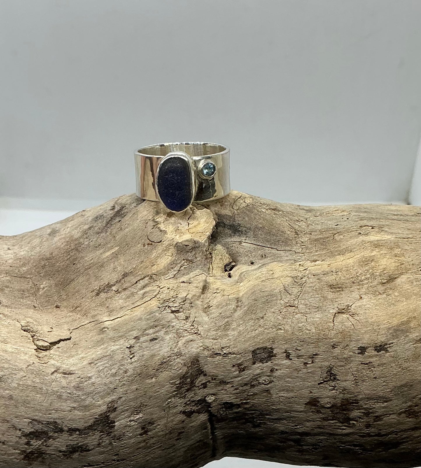 Stunning blue sea glass ring with blue Topaz UK size R1/2