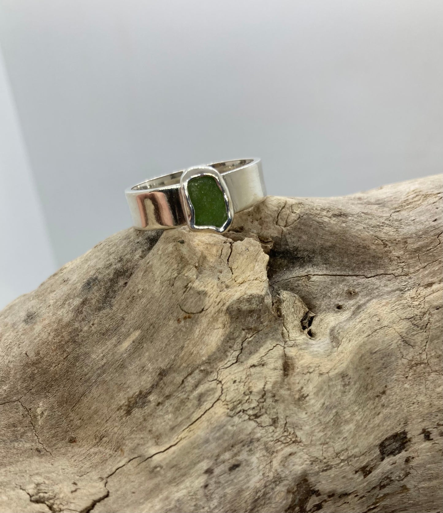 Olive green sea glass ring UK size T