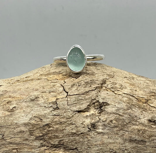 Pale green oval sea glass ring UK size T