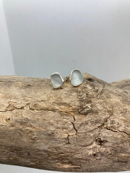 White Sea glass sterling silver studs
