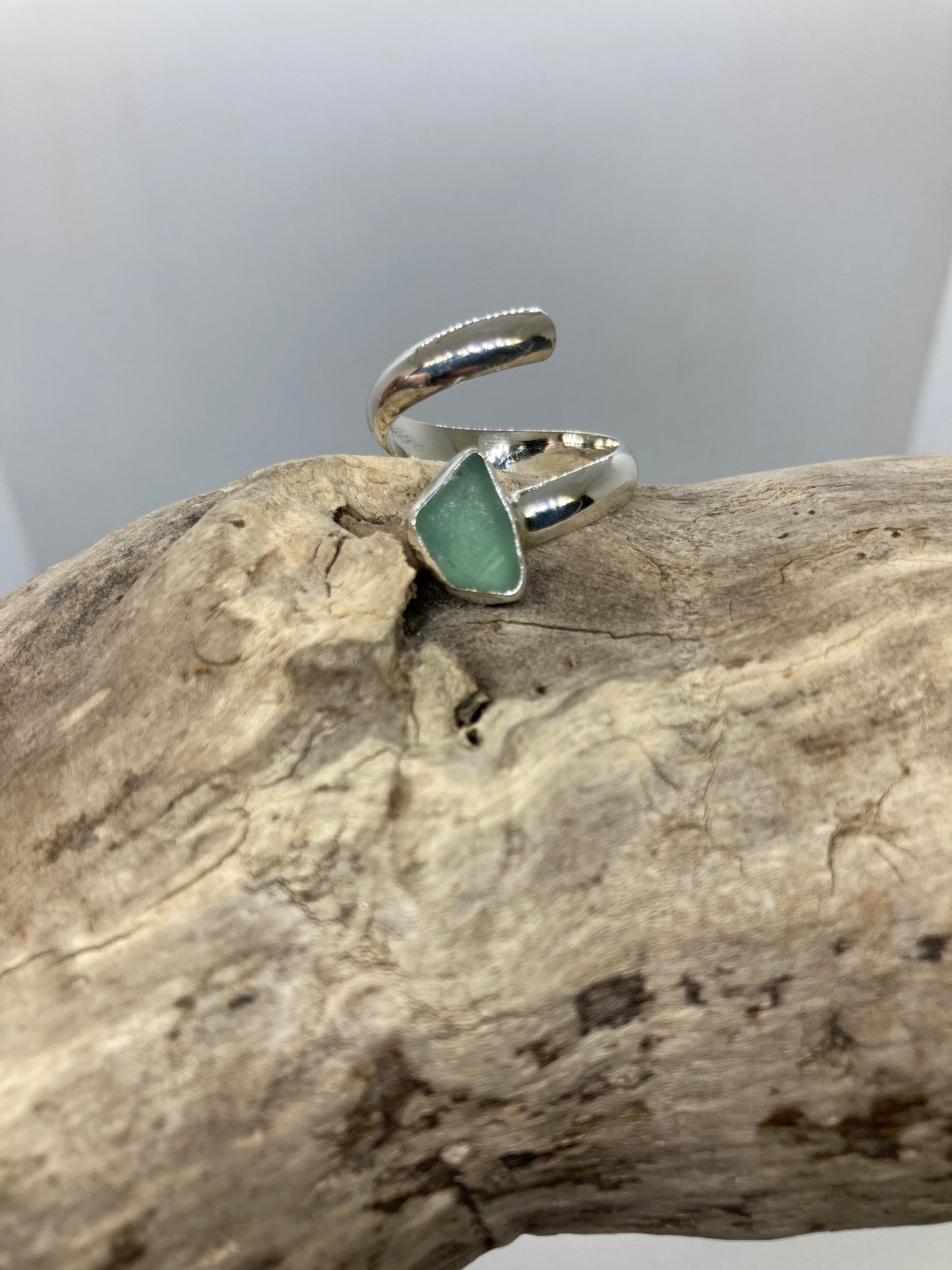 Teal grey sea glass twist ring UK size N