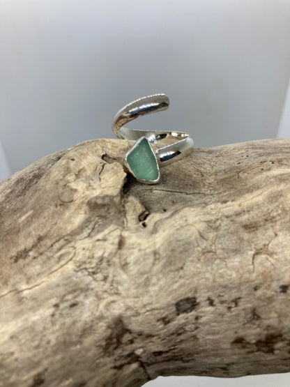 Teal grey sea glass twist ring UK size N