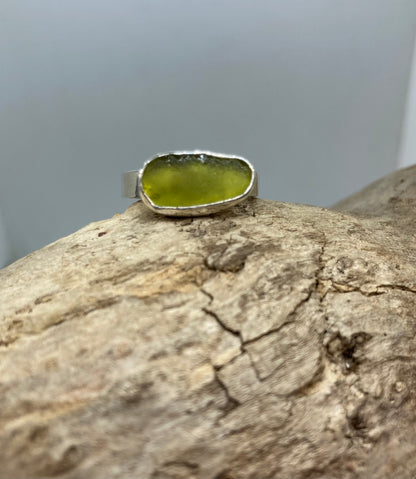 Light olive green sea glass ring UK size O1/2