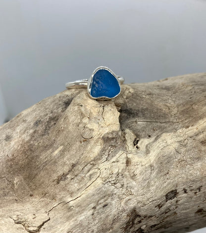 Aqua blue Seaham glass ring UK size R
