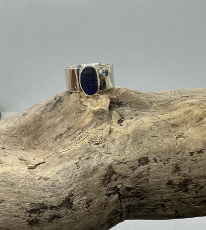 Stunning blue sea glass ring with blue Topaz UK size R1/2