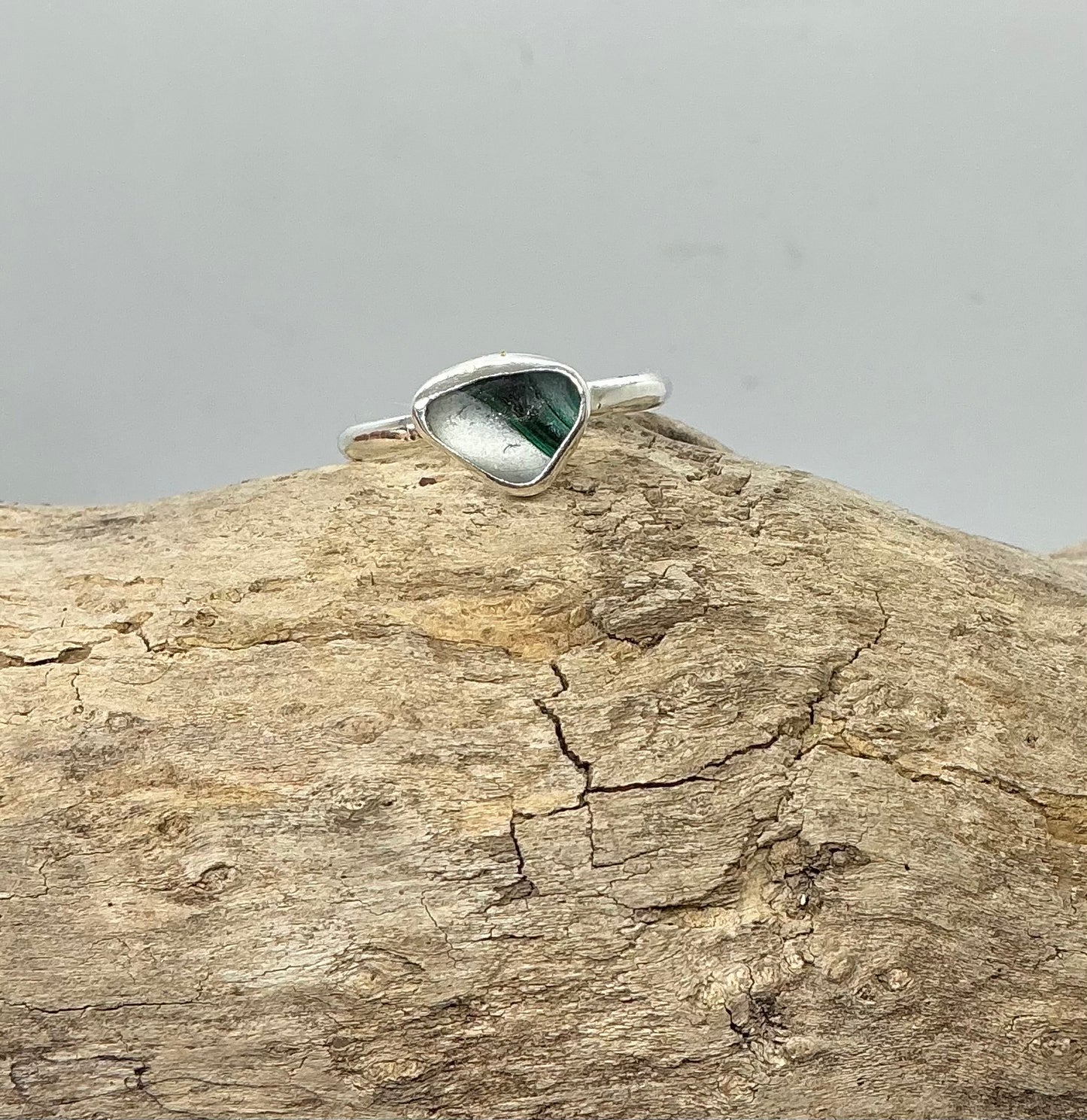 Rare green and white multi sea glass ring UK size Q