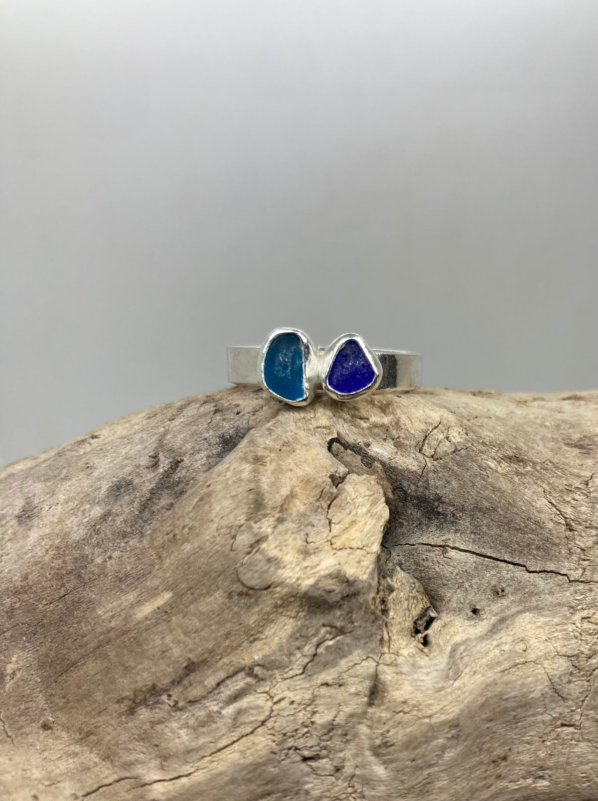 Shades of blue sea glass ring UK size S1/2