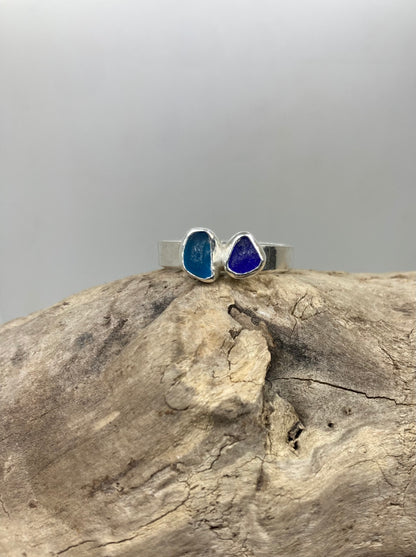 Shades of blue sea glass ring UK size S1/2
