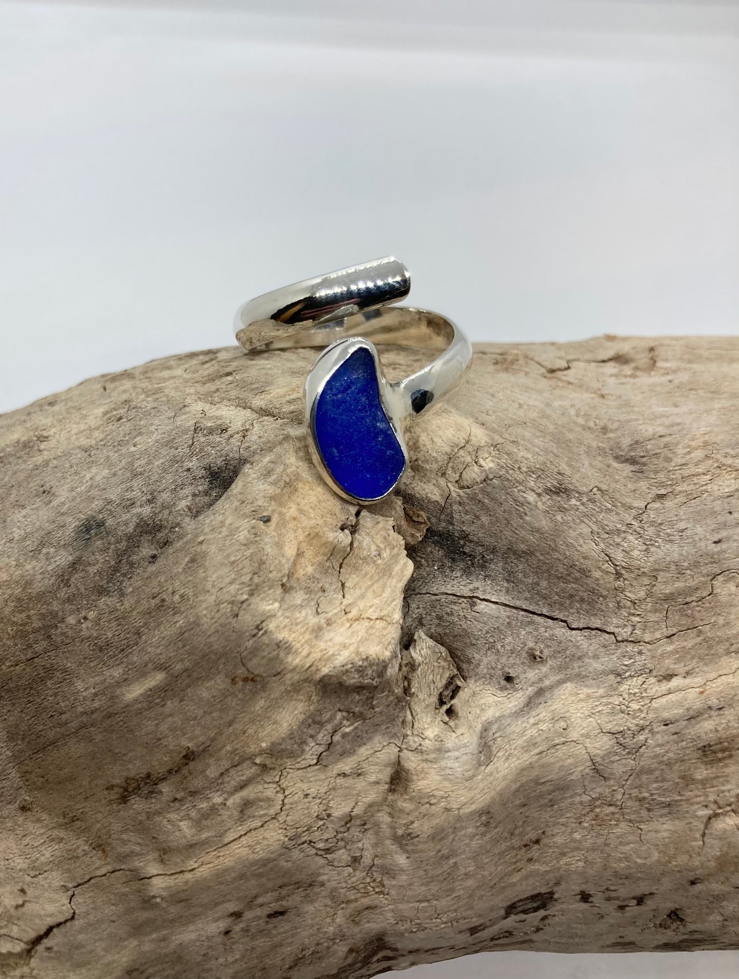 Blue sea glass twist ring UK size R