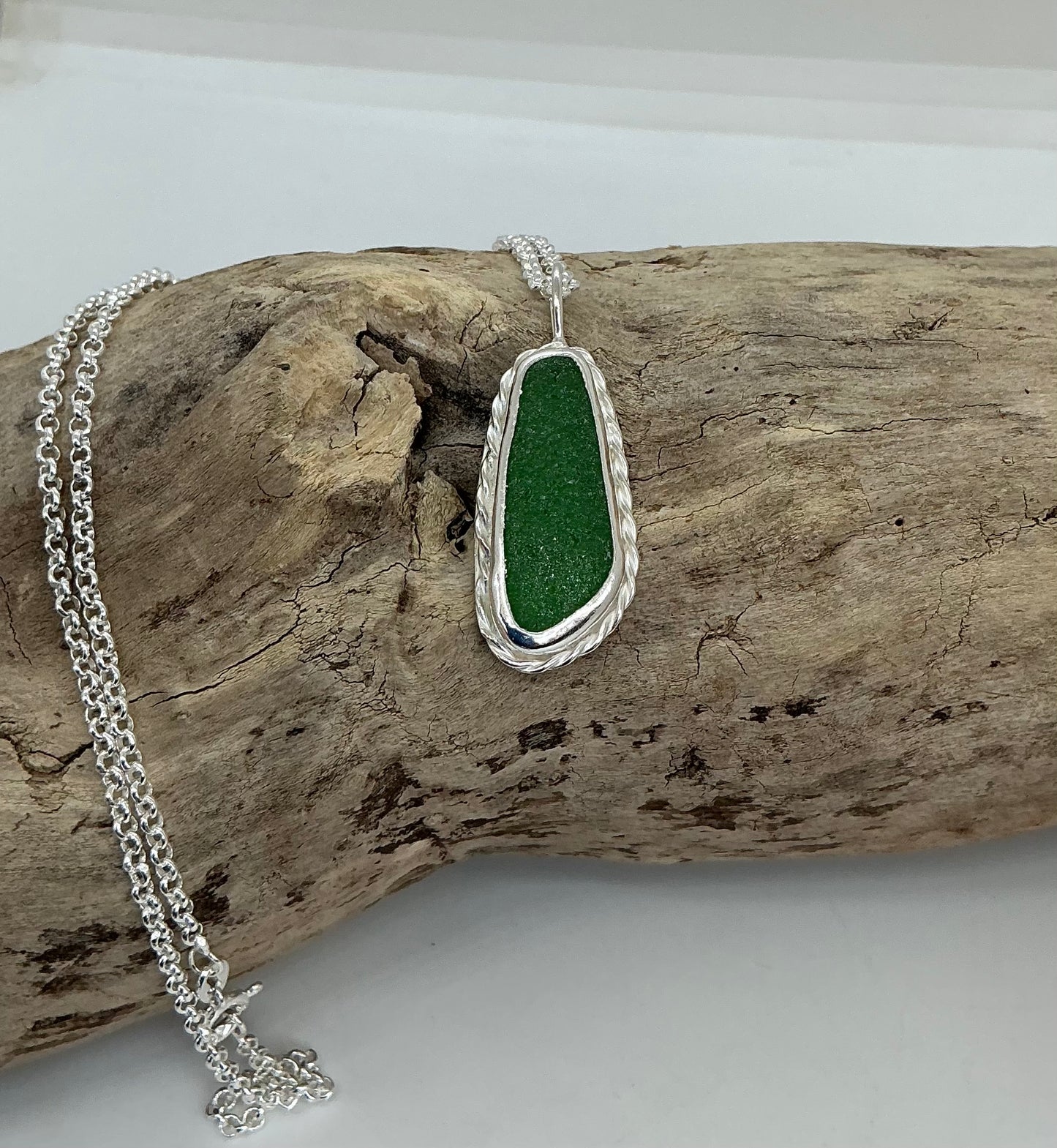 Chunky bright green sea glass pendant