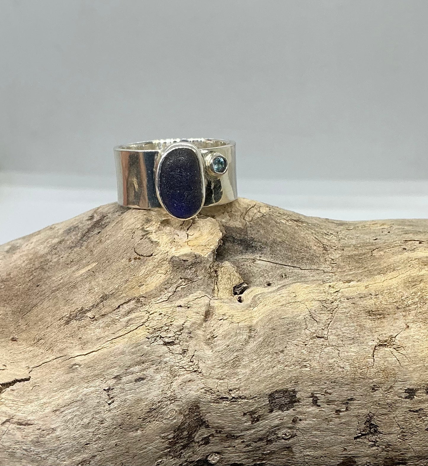 Stunning blue sea glass ring with blue Topaz UK size R1/2