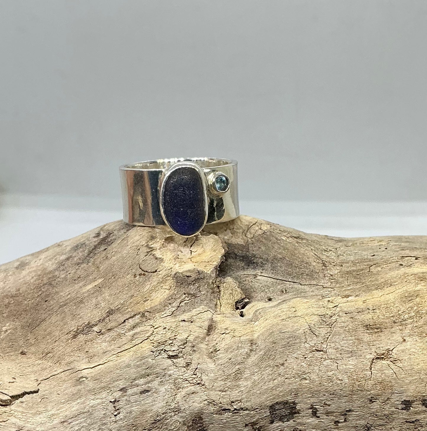 Stunning blue sea glass ring with blue Topaz UK size R1/2