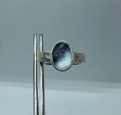 Rare blue and white multi sea glass ring UK size R