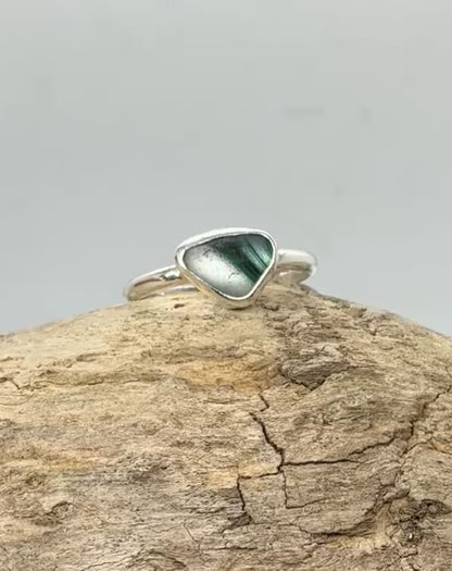 Rare green and white multi sea glass ring UK size Q