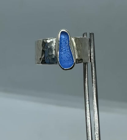 Stunning Cornflower blue sea glass sterling silver ring UK size M