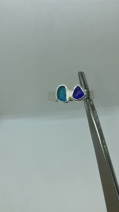 Shades of blue sea glass ring UK size S1/2