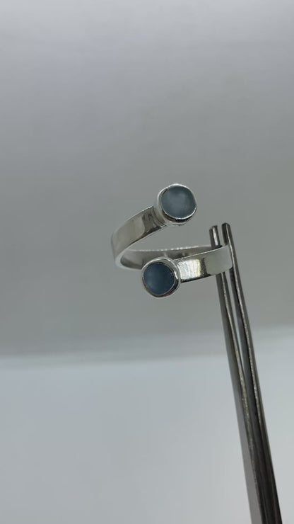 Steel blue sea glass twist ring UK size P